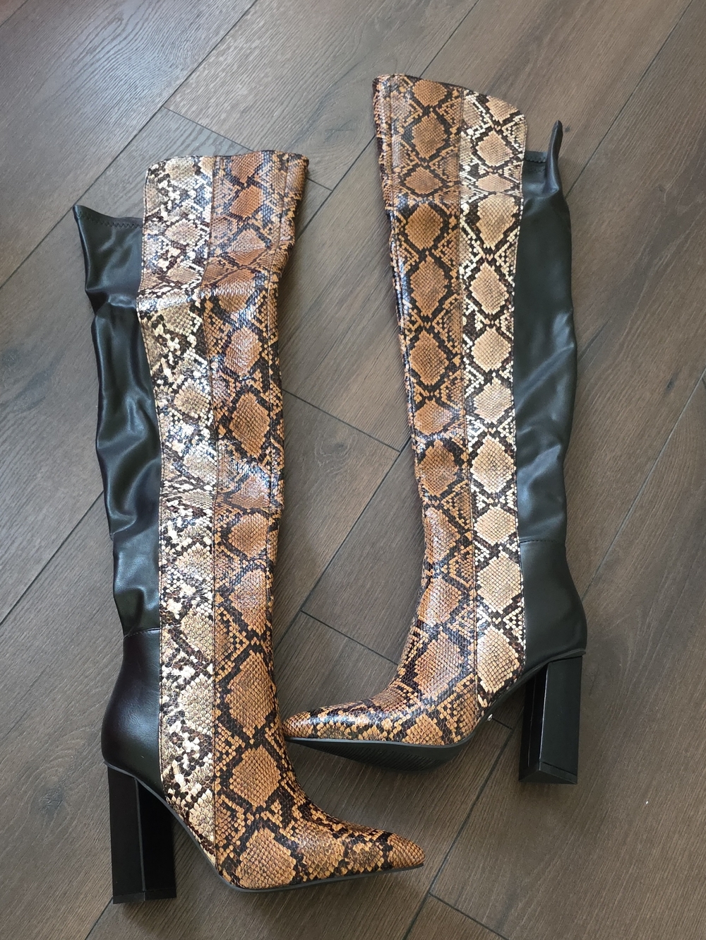 Akira Over-the-Knee Snake‎ Print and Black Block Heel Boots NWT
